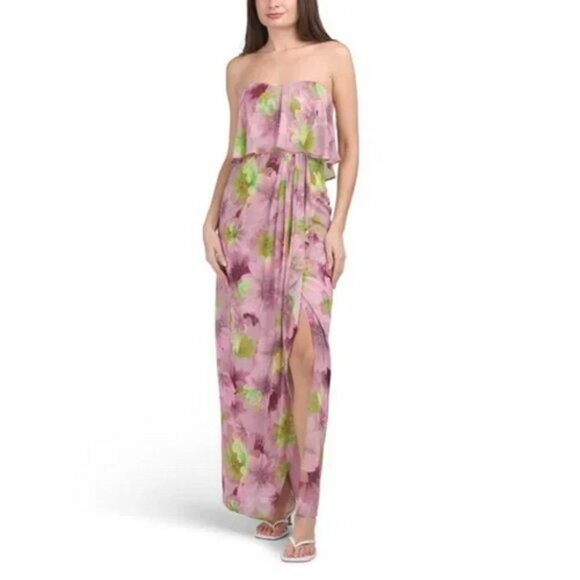 Jewel Badgley Mischka Metallic Purple Floral Strapless Chiffon Dress - Picture 1 of 2